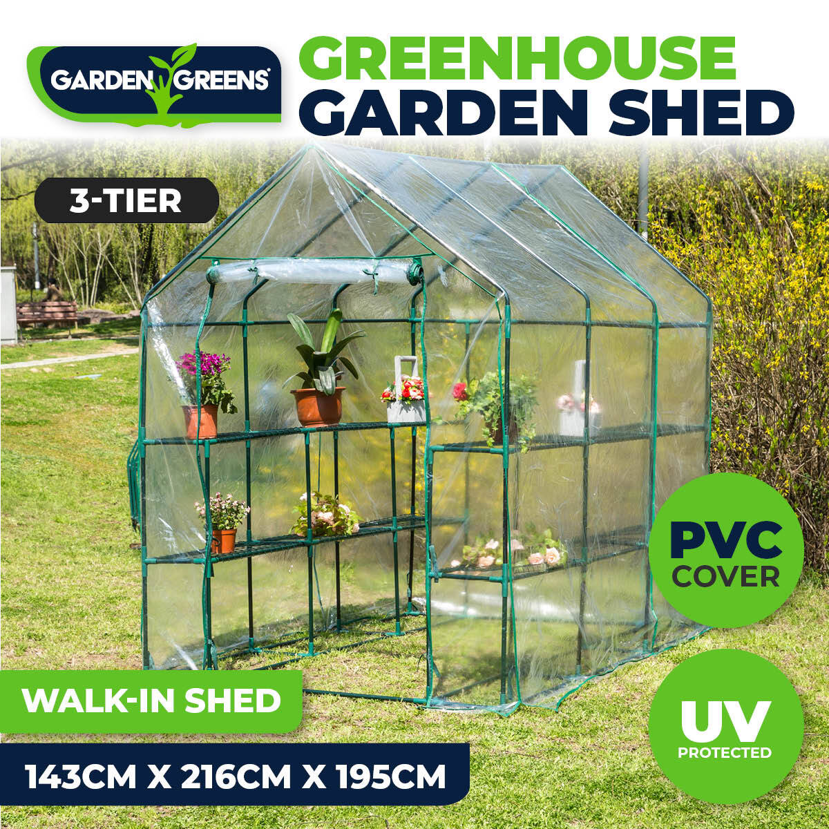 Garden Greens Greenhouse Walk-In Mega Sized Shed 3 Tier Solid Structure 1.95m