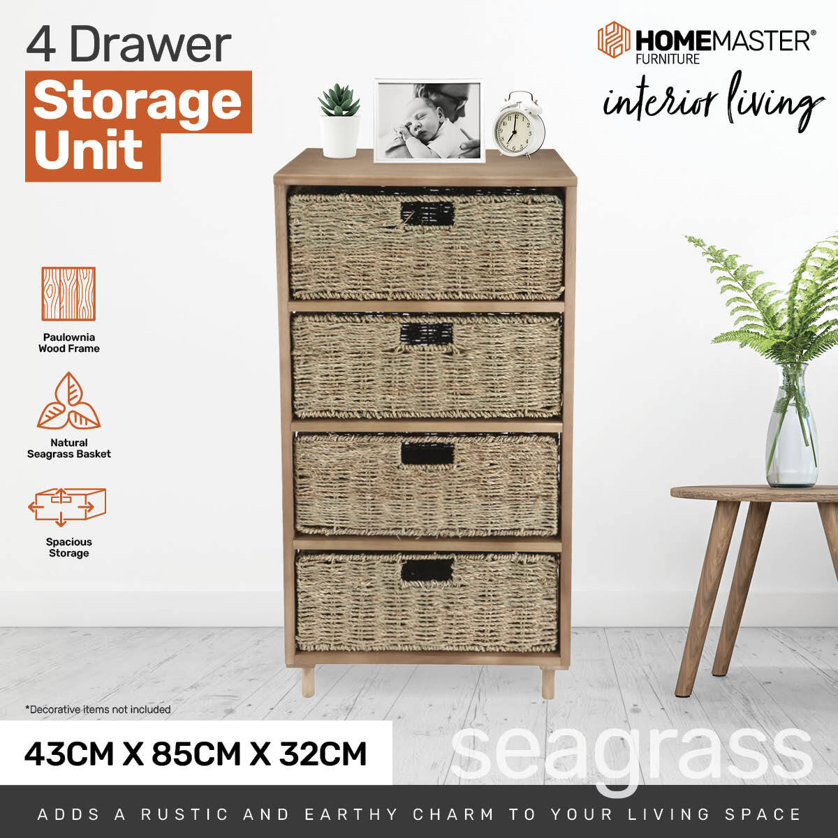 Home Master 4 Drawer Natural Seagrass Wooden Storage Chest Stylish 85cm