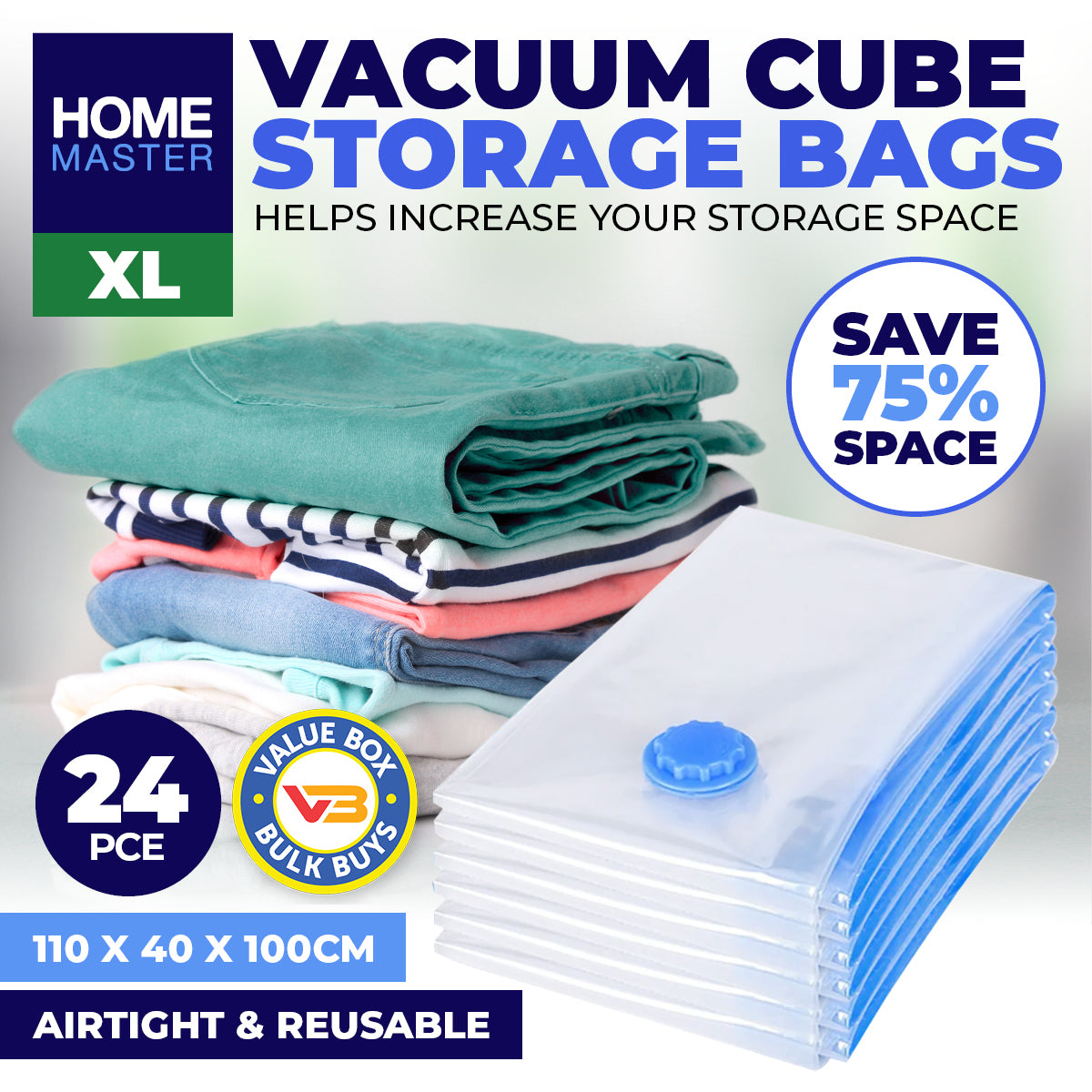 Home Master 24PCE Vacuum Storage Bags X-Large Re-Usable 110 x 100cm