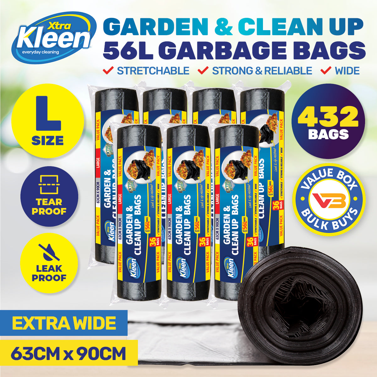 Xtra Kleen 432PCE 56L Garbage Bin Liners Large Tear & Leak Proof 63 x 90cm