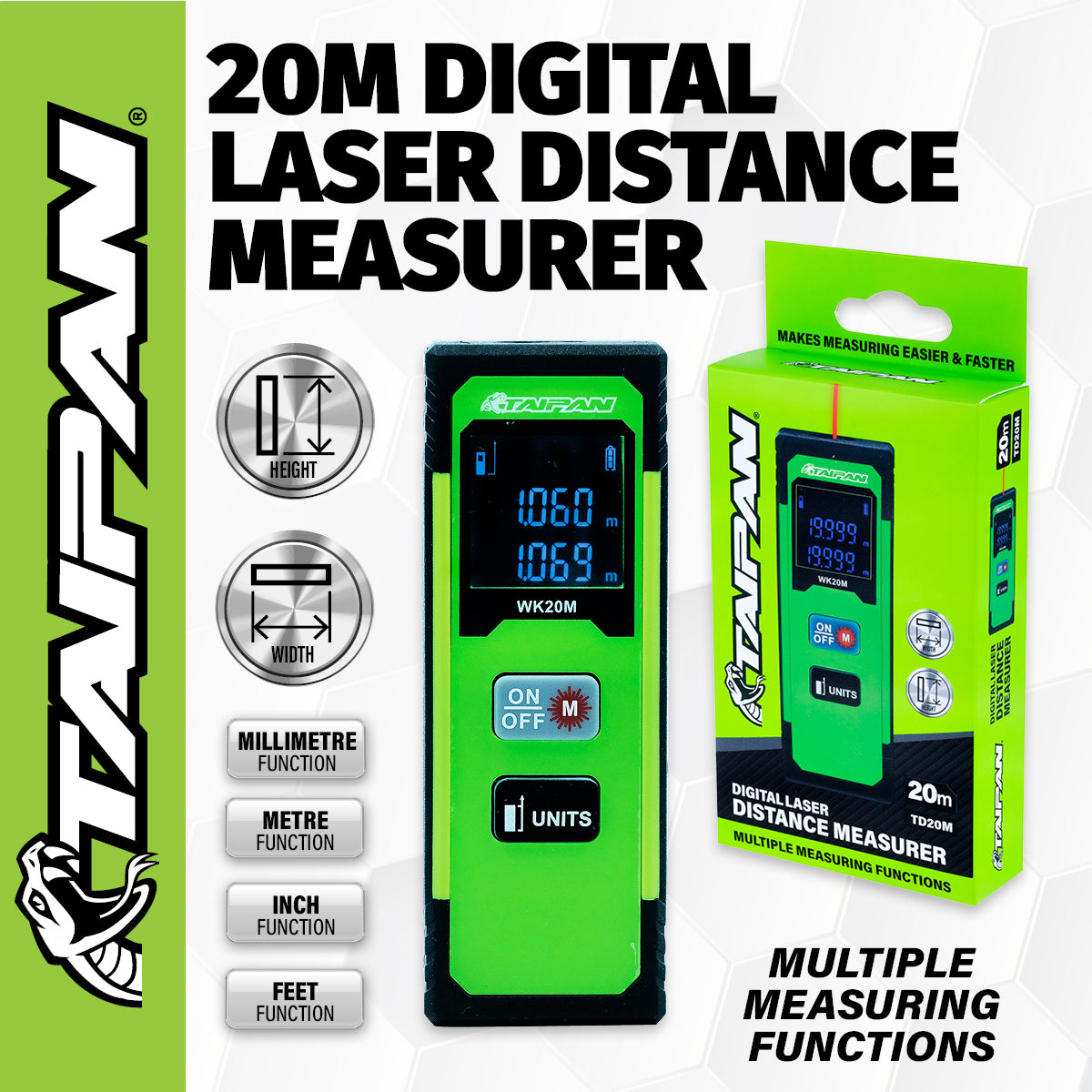 Taipan 20m Digital Laser Distance Measuring Device Multiple Functions