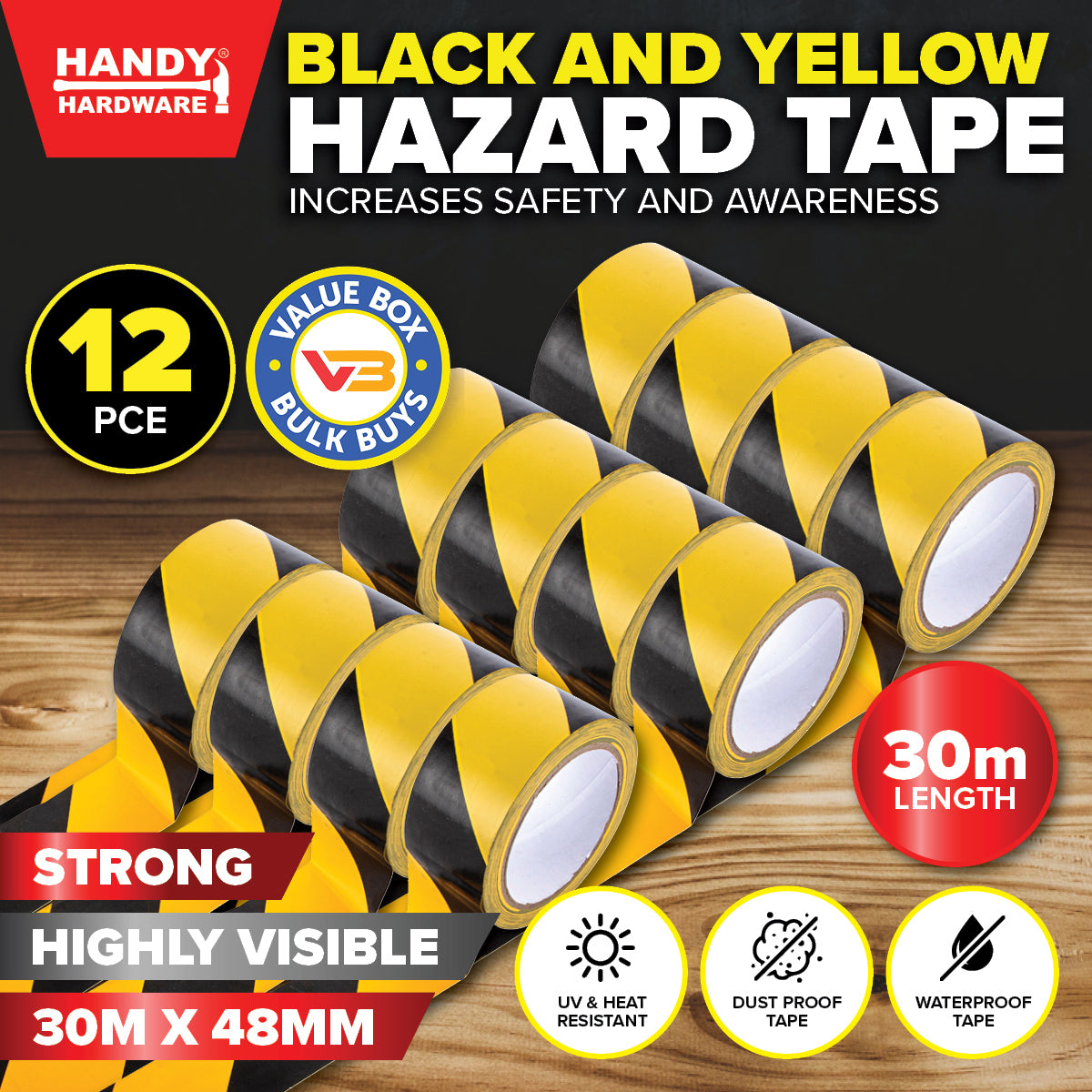 Handy Hardware 12PCE Hazard Tape Adhesive High Visibility Waterproof 30m