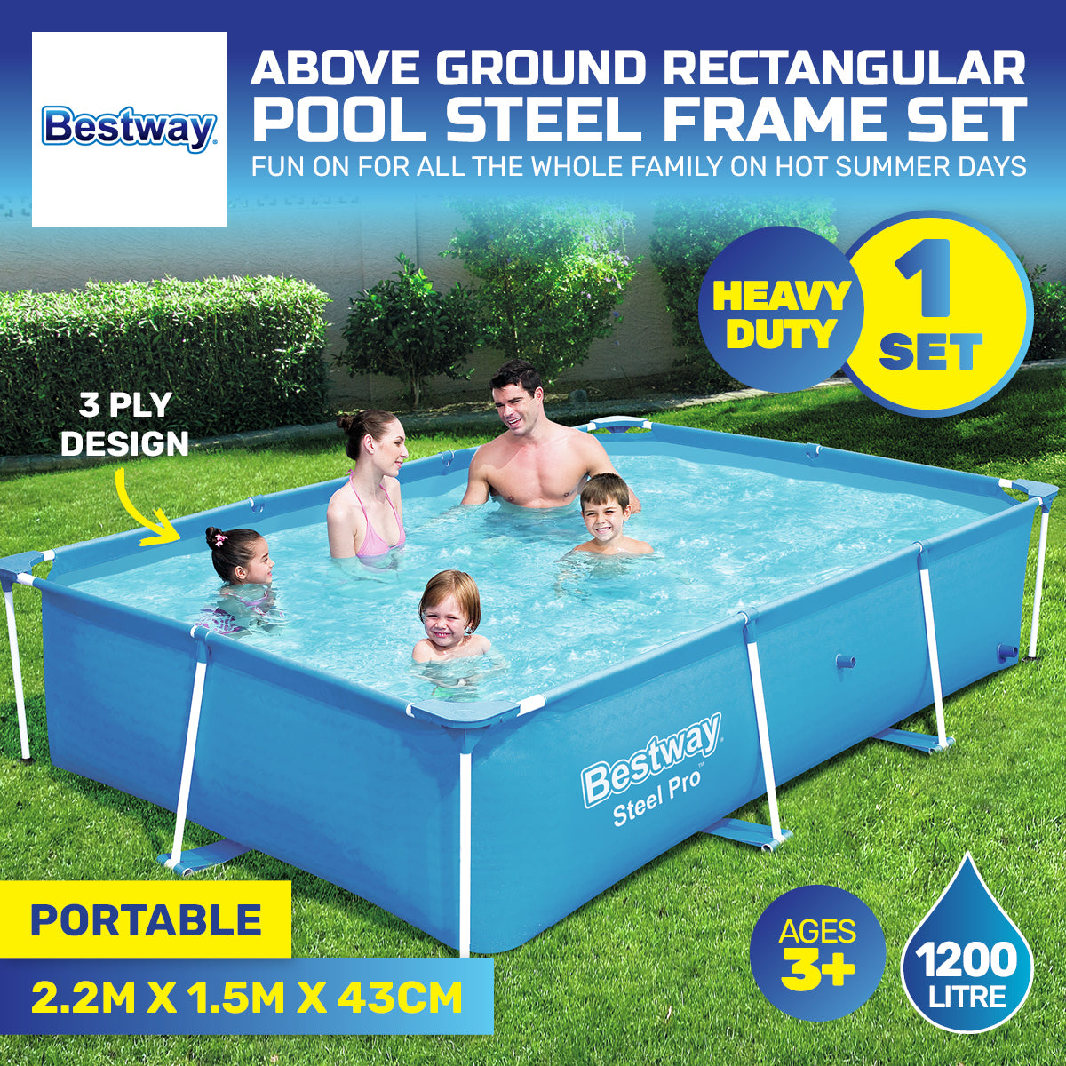 Bestway 2.2m x 1.5m Above Ground Pool High Gauge PVC Construction 1200 Litre