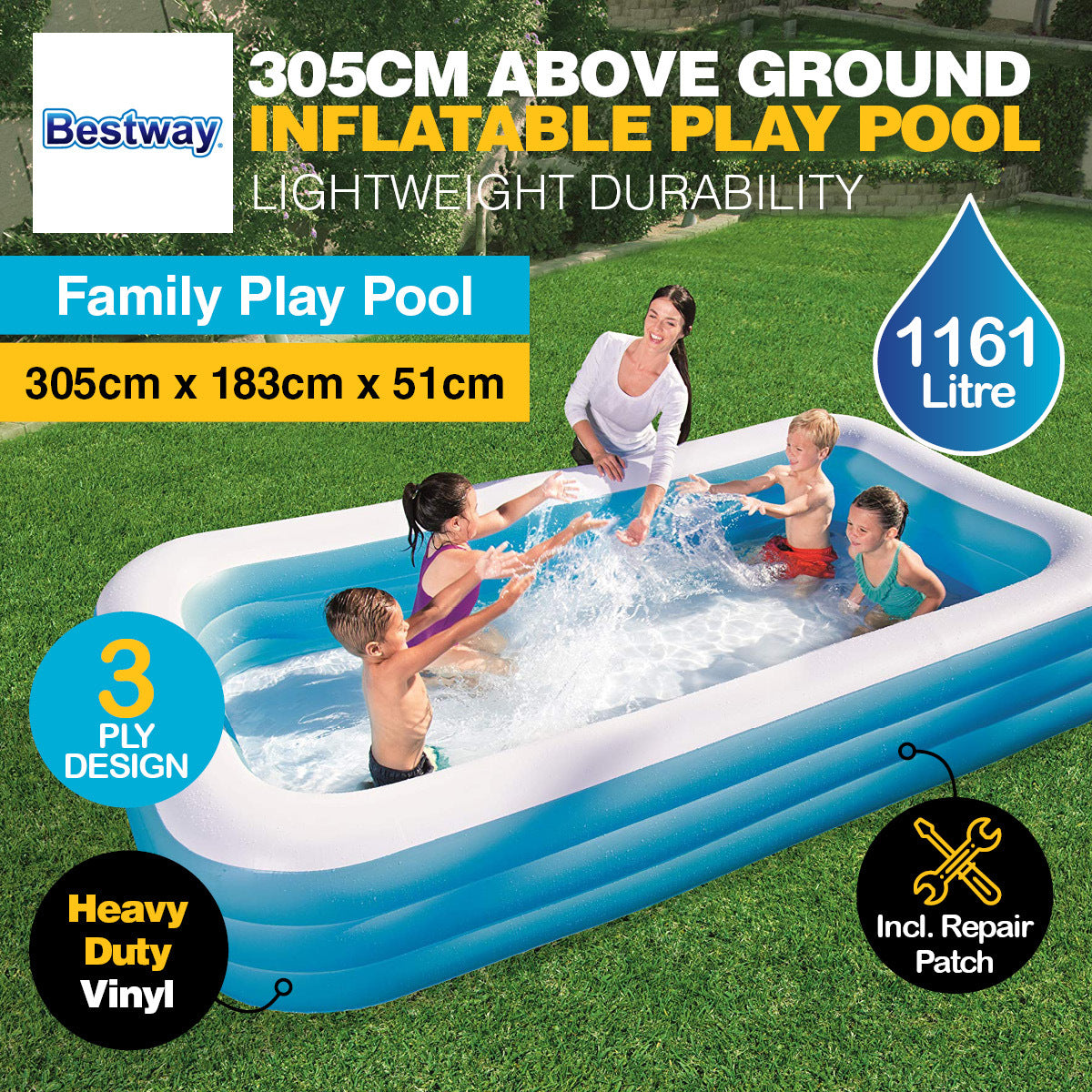 Bestway Swimming Pool Above Ground Inflatable Family Fun 305cm x 183cm x 51cm