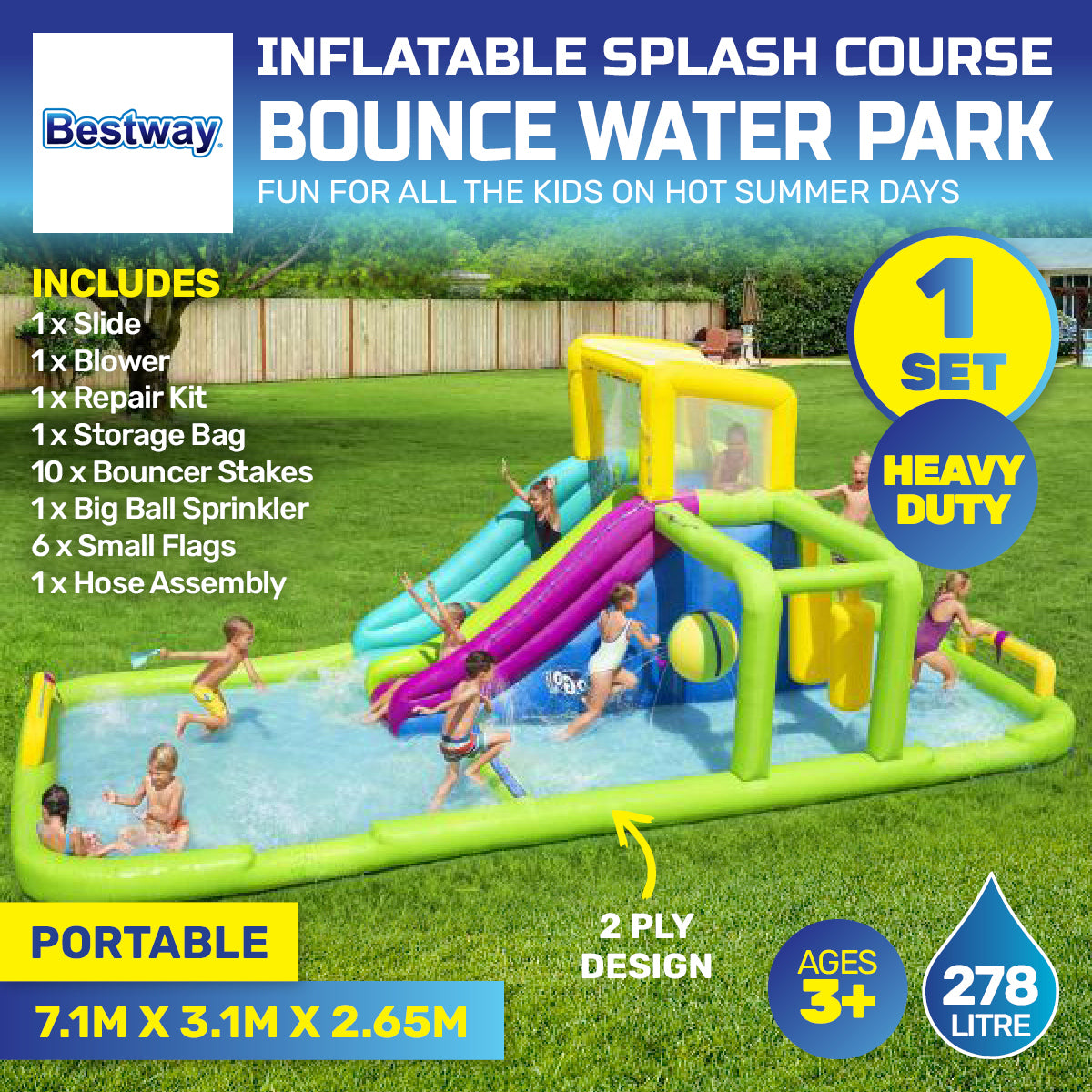 Bestway 7.1 x 2.65m Inflatable Splash Course Water Park Double Slide & Motor