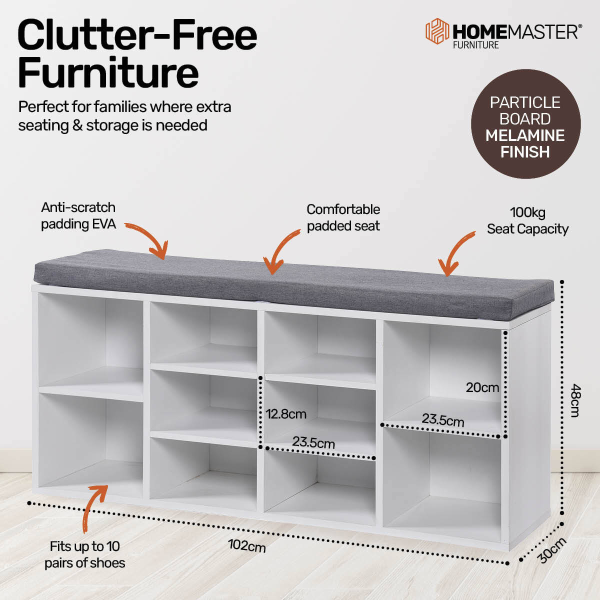 Home Master 2-In-1 Storage/Shoe Cabinet With Padded Cushion Bench 102cm