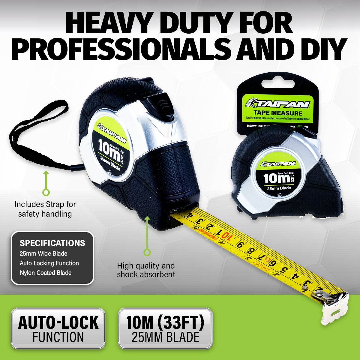 Taipan 10m Tape Measure Auto Lock Function Shock Absorbent Rubber Case