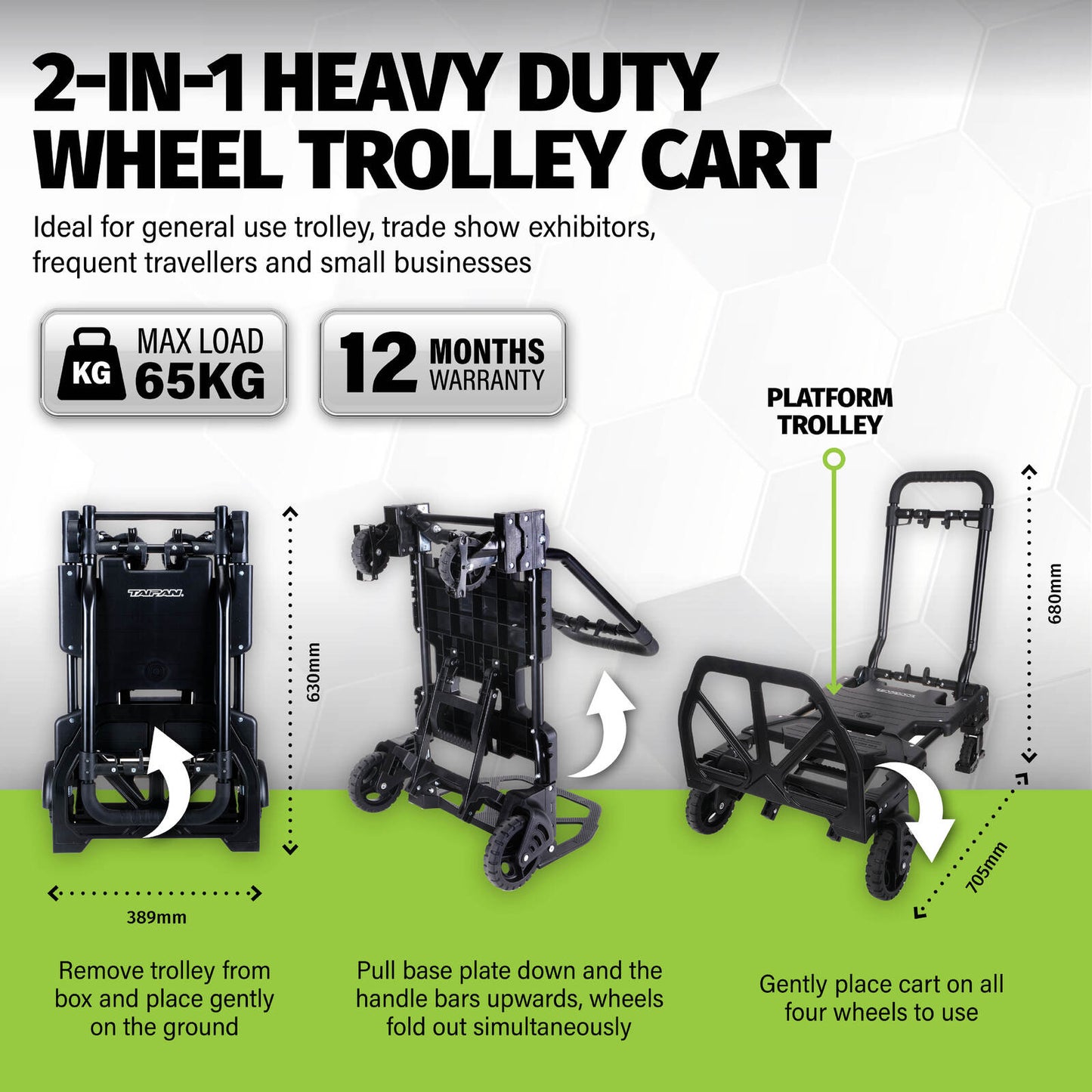 Taipan 65-125KG Foldable Trolley Cart Aluminium 2-In-1 Design Adjustable