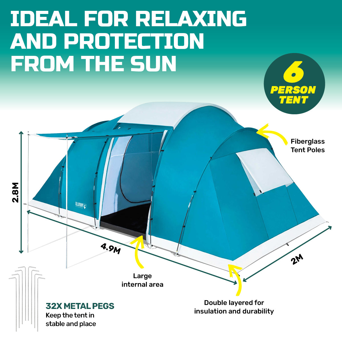 Bestway 4.9m x 2.m Tent 6 Person UV Protected Premium Double Layered PVC