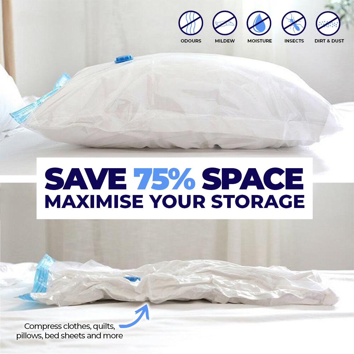 Home Master 24PCE Vacuum Storage Bags Medium Re-Usable Space Saver 55 x 75cm