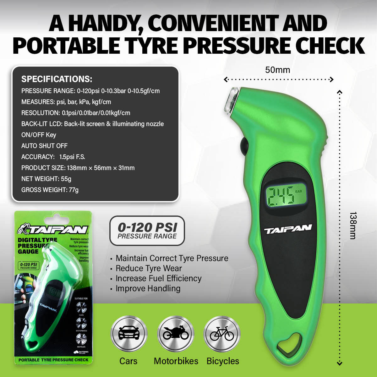 Taipan Portable Digital Tyre Pressure Gauge Multiple Functions LCD Screen