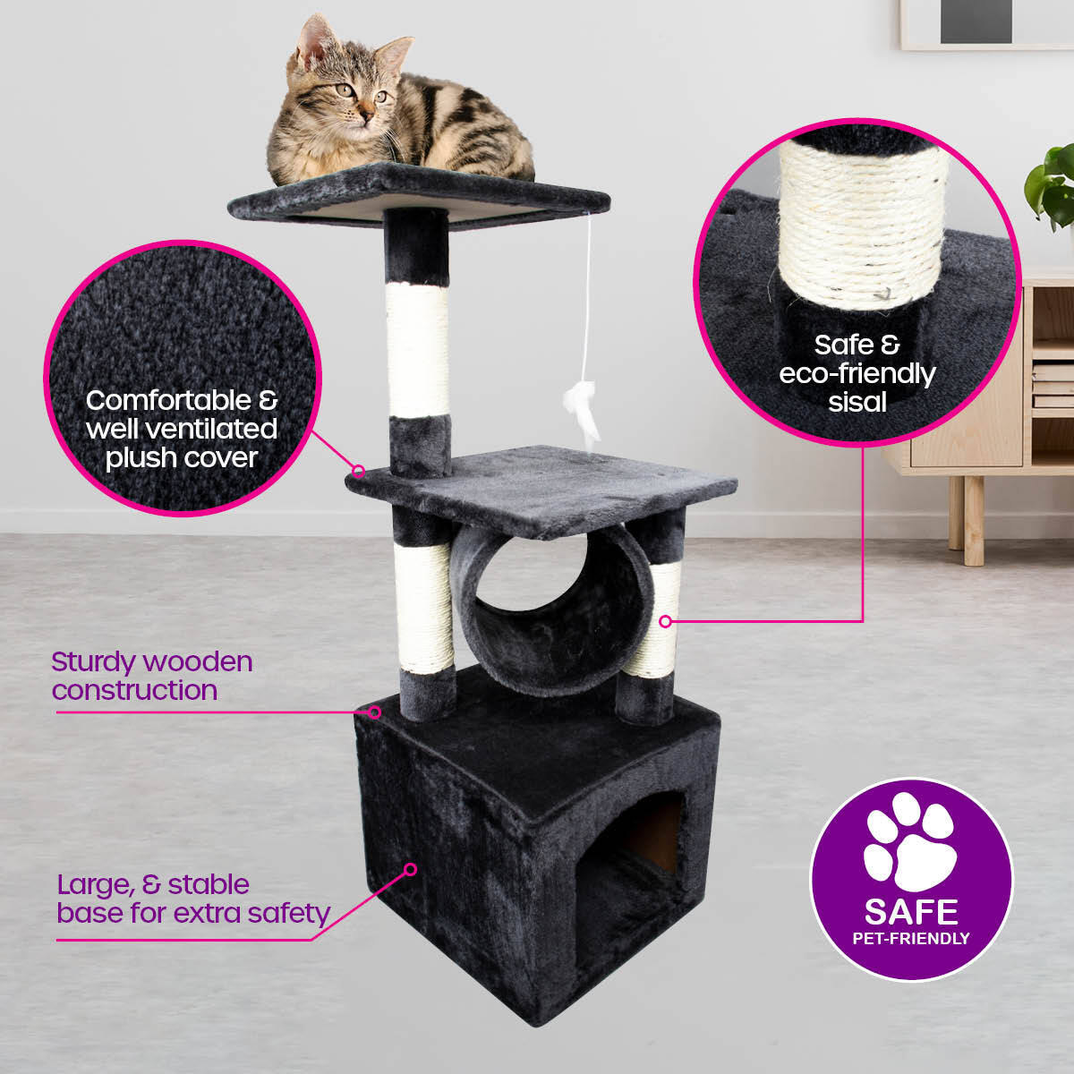 Pet Basic 3 Level Cat Scratch Tree &amp; Playhouse Fun Climb Rest 92 x 35cm