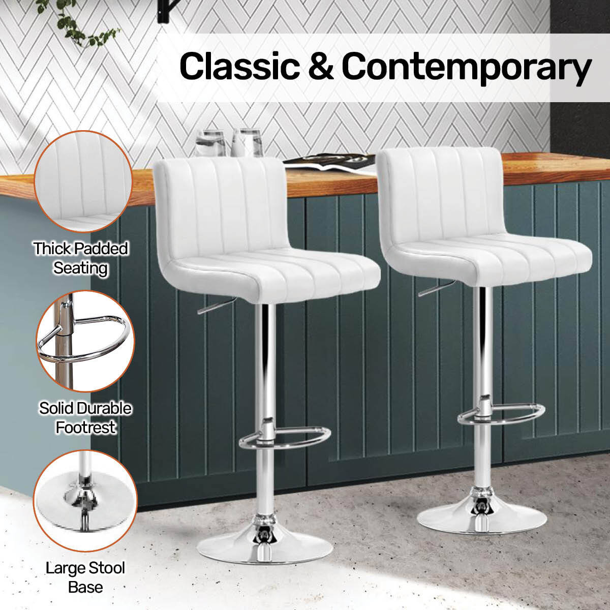 Home Master 2PCE Bar Stool White Swivel Seat Adjusting Height Stylish Modern