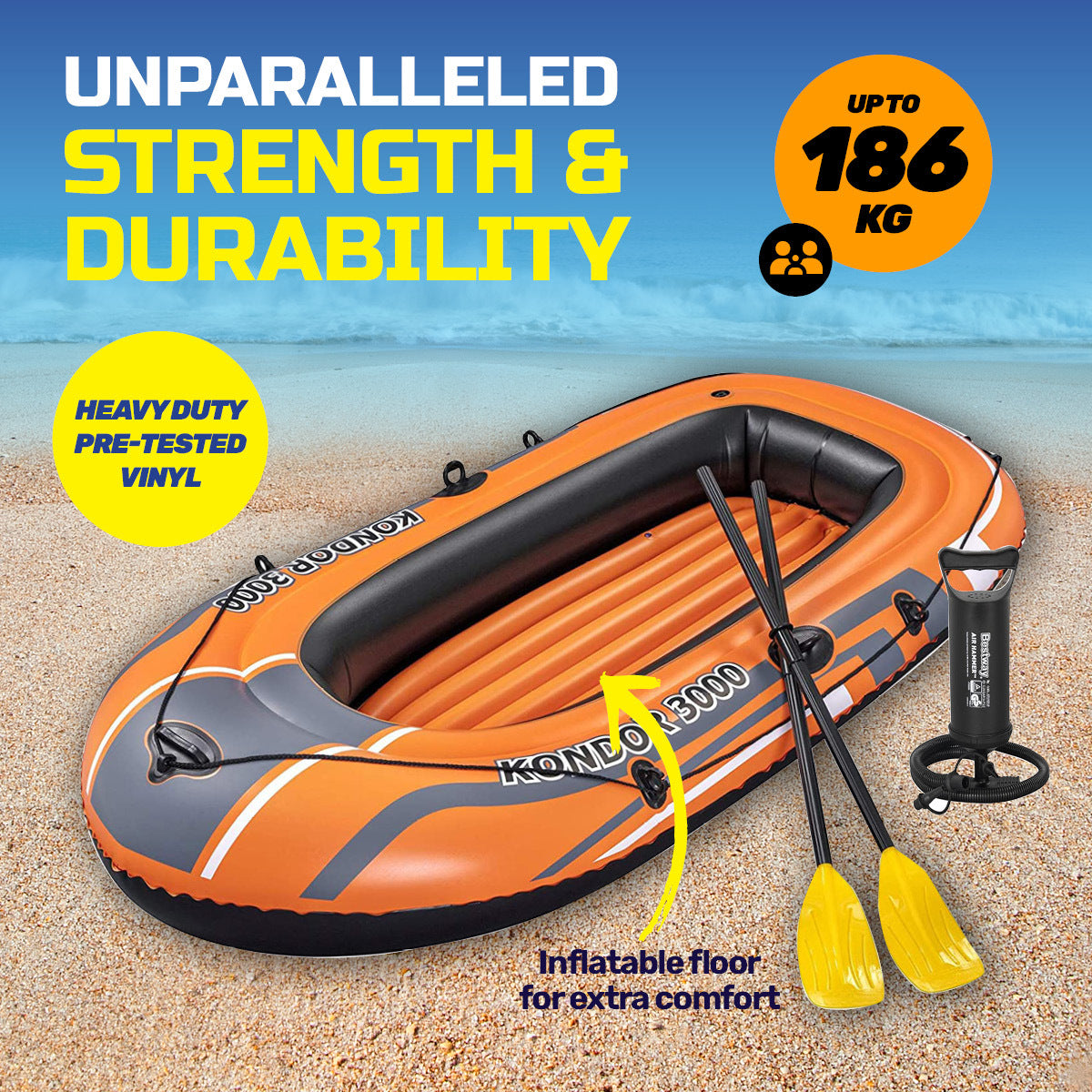 Bestway Kondor 3000 Inflatable Boat UV Resistant Leak Proof Beach Pool Fun 228cm x 110cm