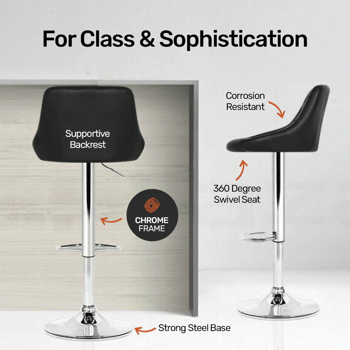 Home Master 2PCE Bar Stool Black Swivel Seat Adjusting Height Stylish Modern