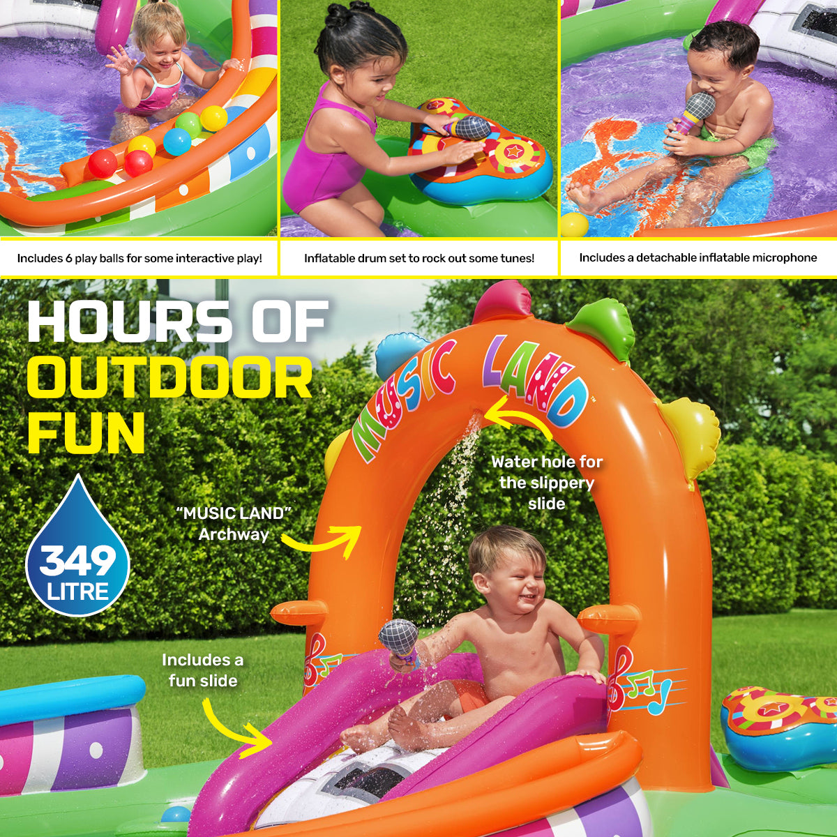 Bestway 3m x 1.9m Inflatable Sing & Splash Water Fun Park Pool & Slide 349L