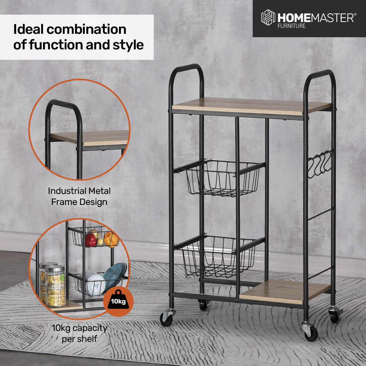 Home Master Kitchen Trolley 2 Tier Stylish Modern Industrial Design 85cm