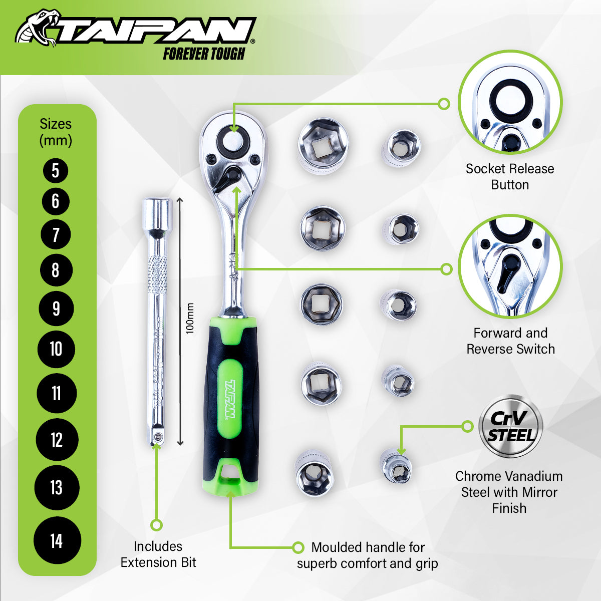 Taipan&reg; 12PCE 1/4" Ratchet Socket Set Premium Quality Chrome Vanadium Steel