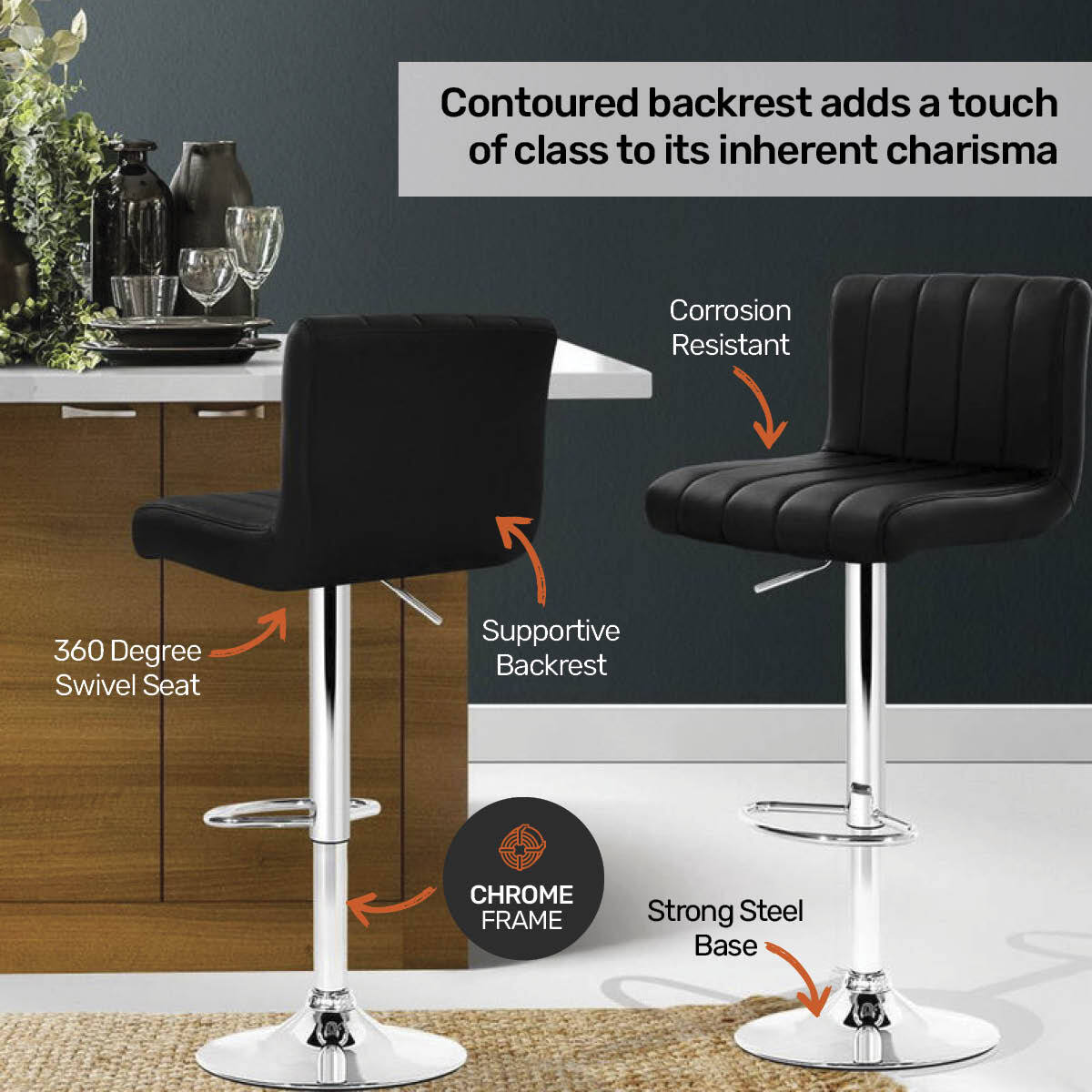 Home Master 2PCE Bar Stool Black Swivel Seat Adjusting Height Stylish Modern