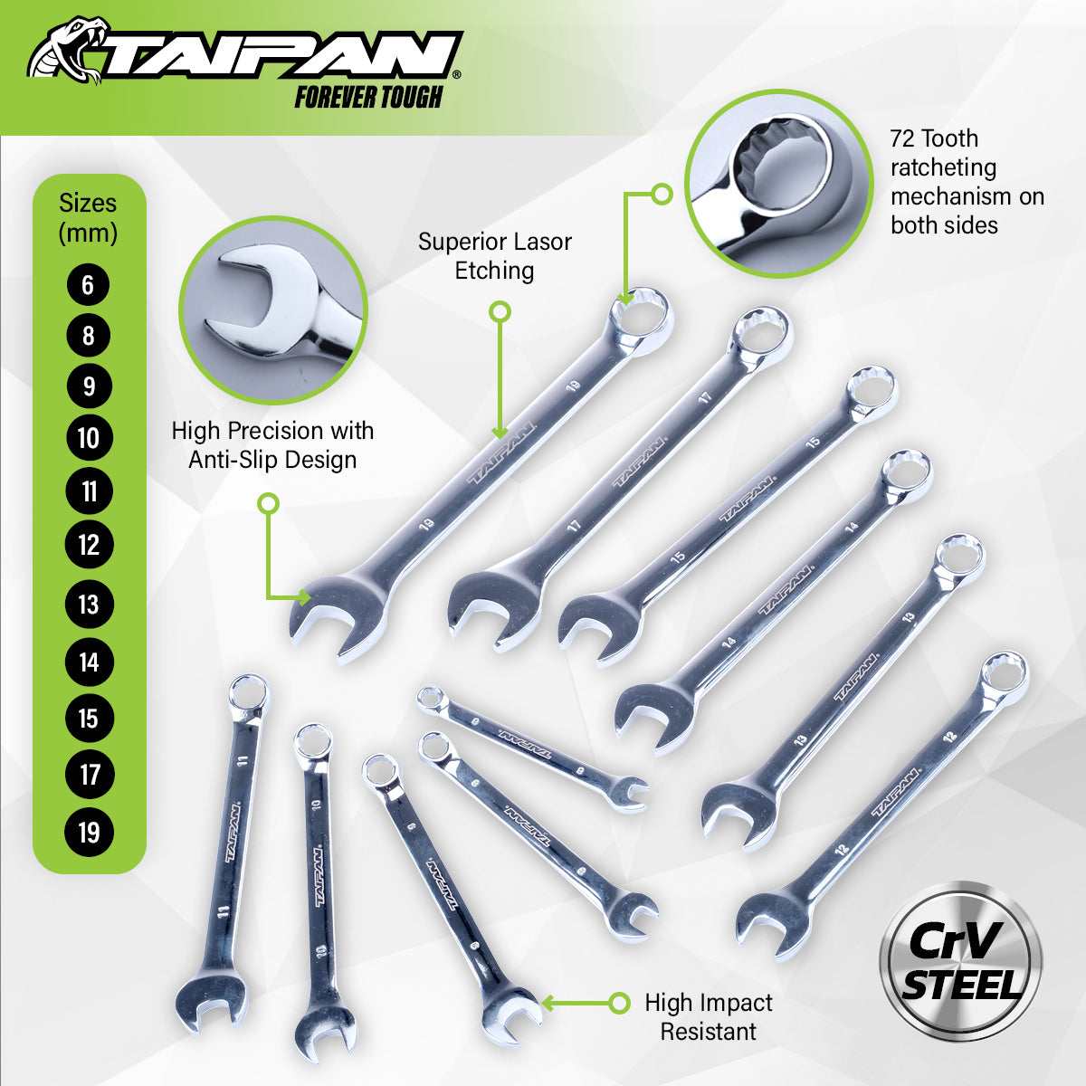 Taipan 11PCE Combination Spanner Set Premium Quality Chrome Vanadium Steel