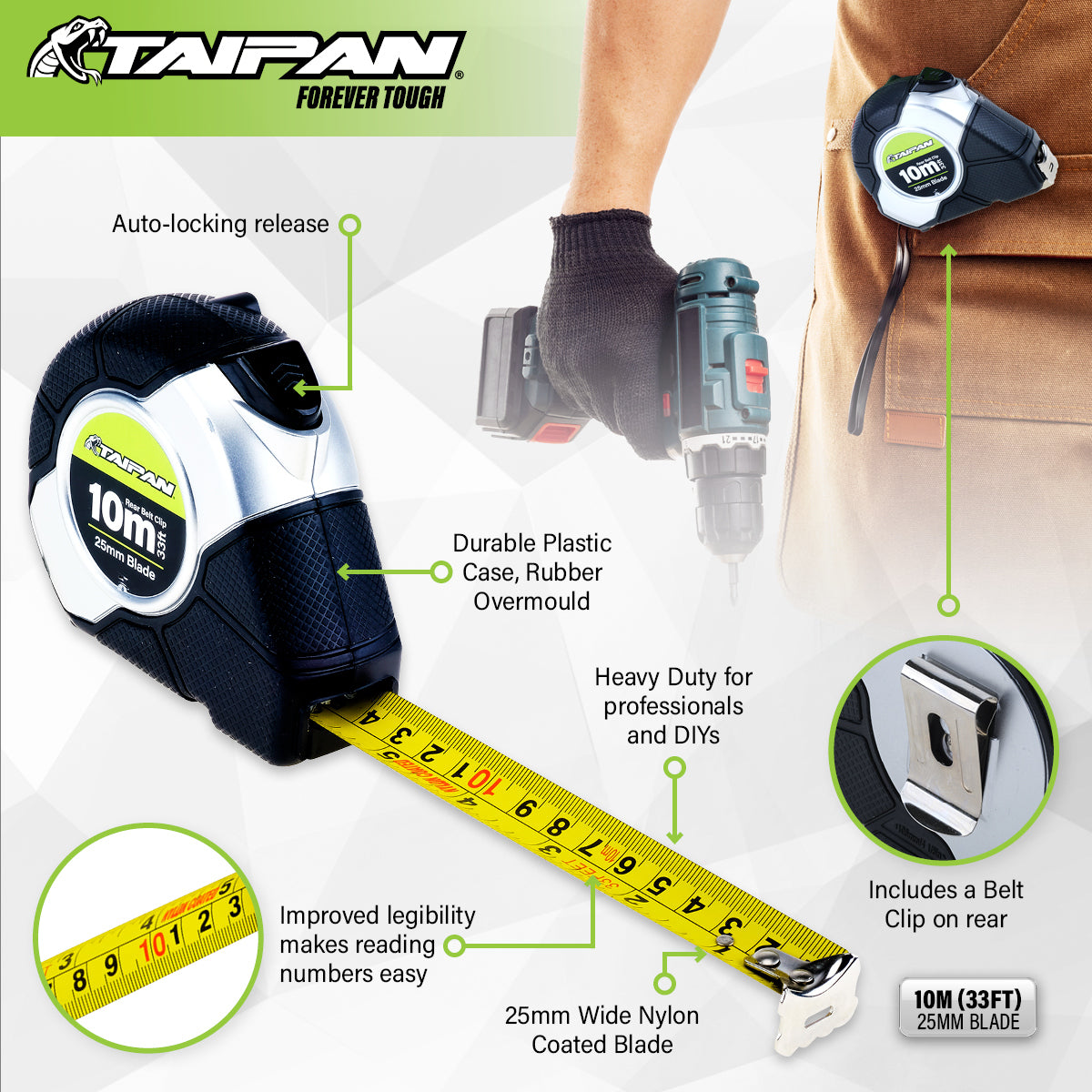 Taipan 10m Tape Measure Auto Lock Function Shock Absorbent Rubber Case