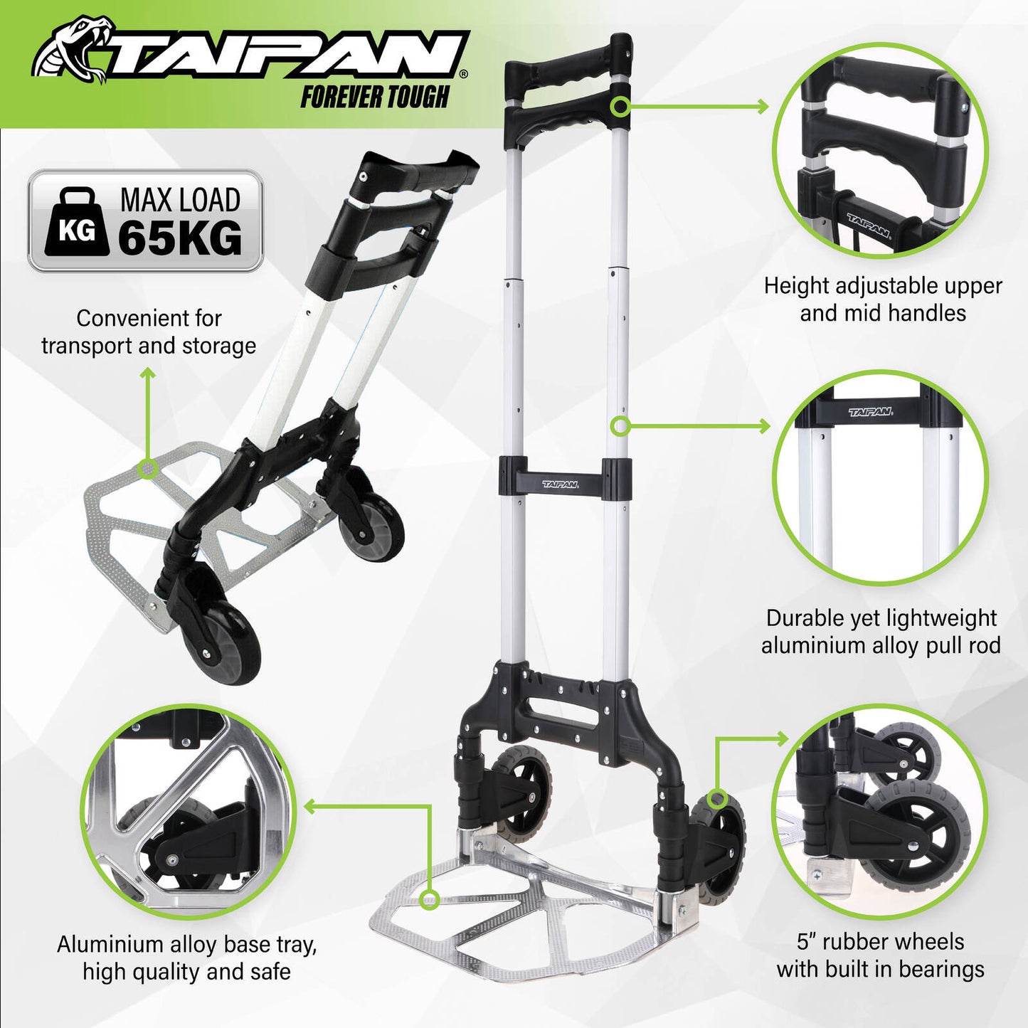 Taipan 65KG Foldable Hand Trolley Aluminium Frame Height Adjustable Handle