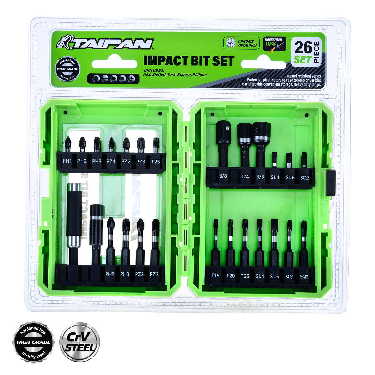 Taipan 26PCE Impact Bit Set Magnetic Tips Various Heads Storage Case