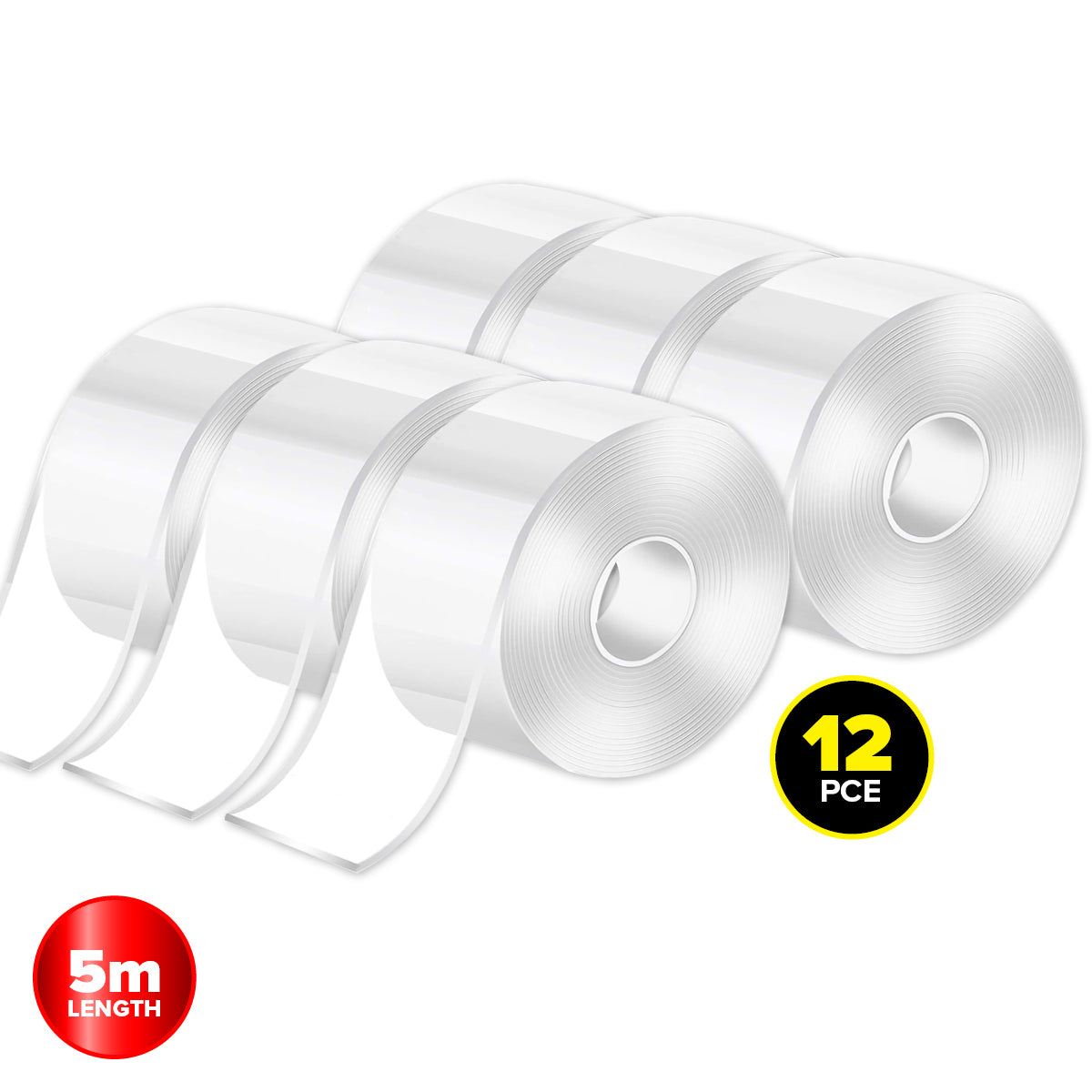 Handy Hardware 12PCE Double Sided Clear Tape Water Heat & Tear Resistant 5m