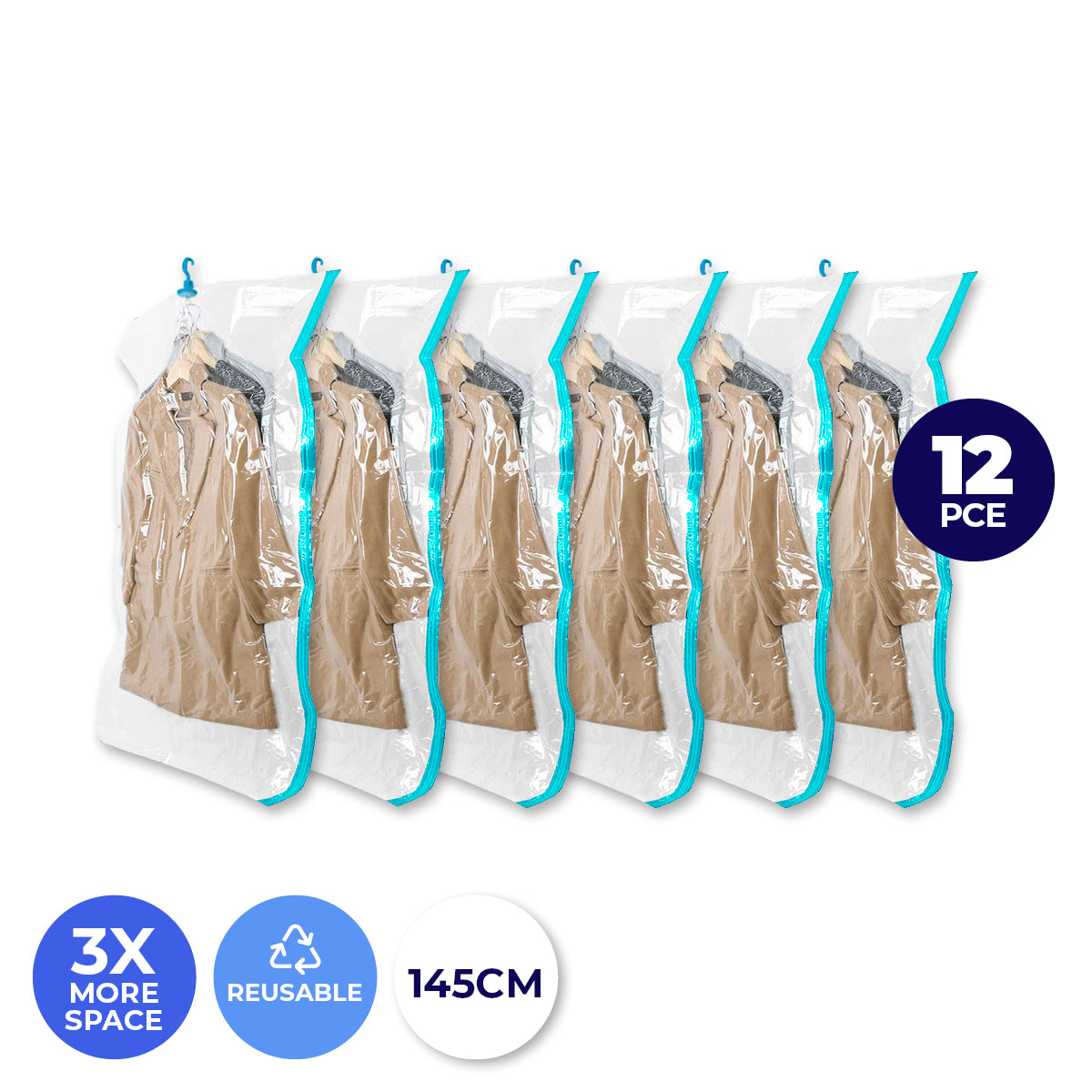 Home Master 12PCE Hanging Vacuum Storage Bag Re-Usable Space Saver 70 x 145cm